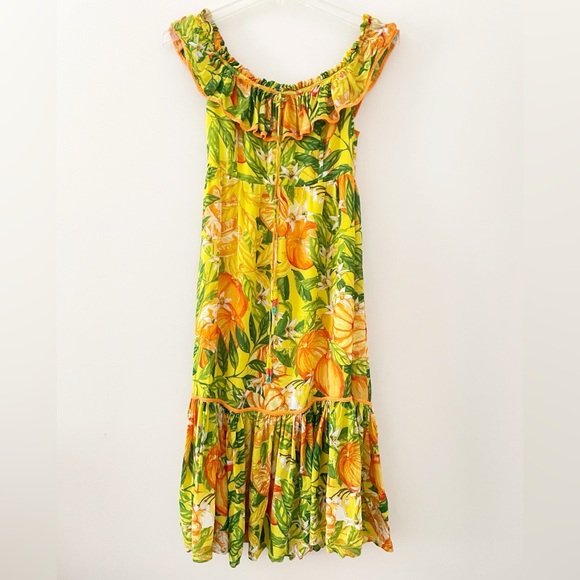 FARM RIO Tangerines Fruit Print Ruffled Midi Dress Tropical Summer Vacation XS - Picture 9 of 13